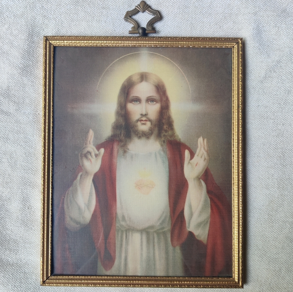 1930s Jesus Sacred Heart Print Framed 8x10 Halo Stigmata Religious Catholic Art